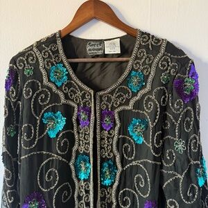 Vintage Joseph Le Bon 100% silk XL beaded cape formal blouse event funky 1980s